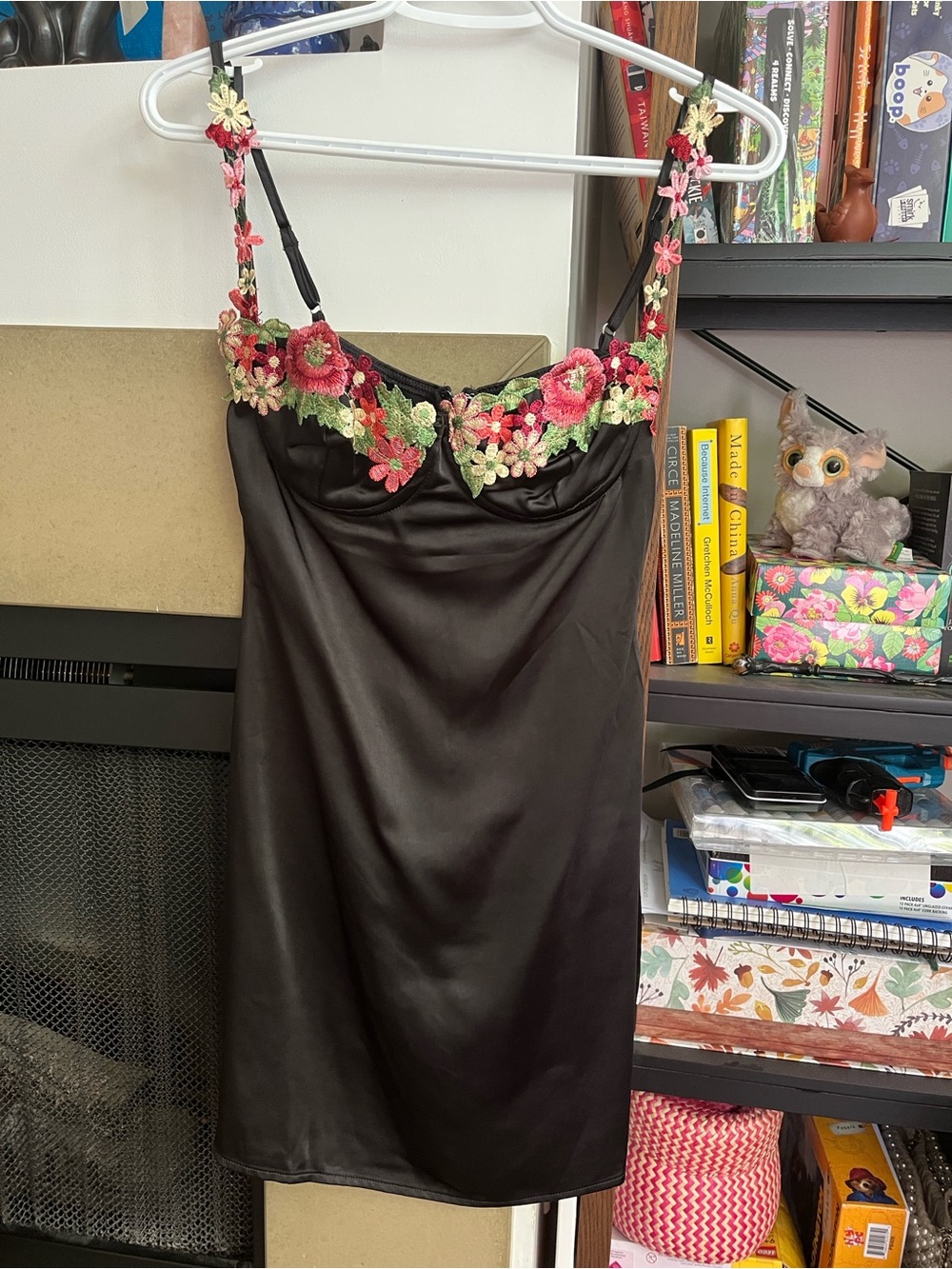 Princess Polly Black Satin Mini Dress with Pink & Green Floral Embroidery